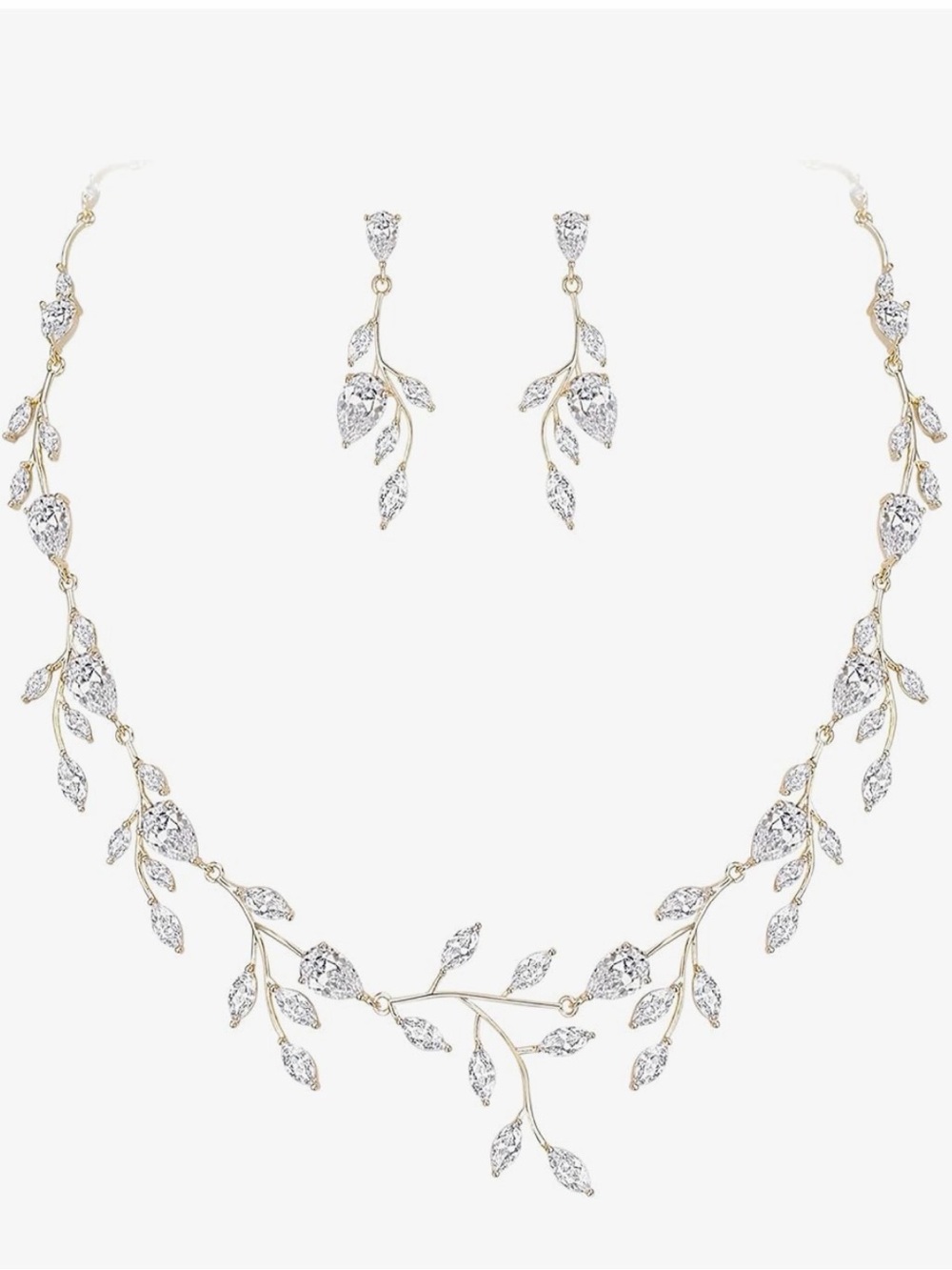 Delicate Gold & Crystal Leaf Necklace and Earrings Set